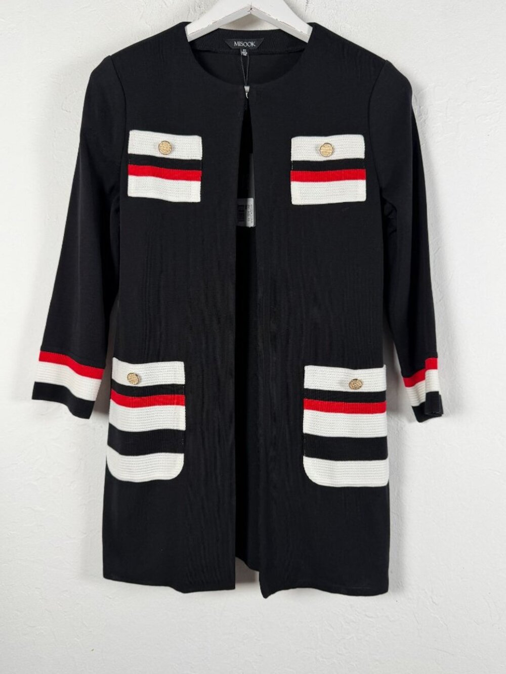 Misook Black Knit Long Cardigan Jacket Red White Stripe Contrast Pocket XS New